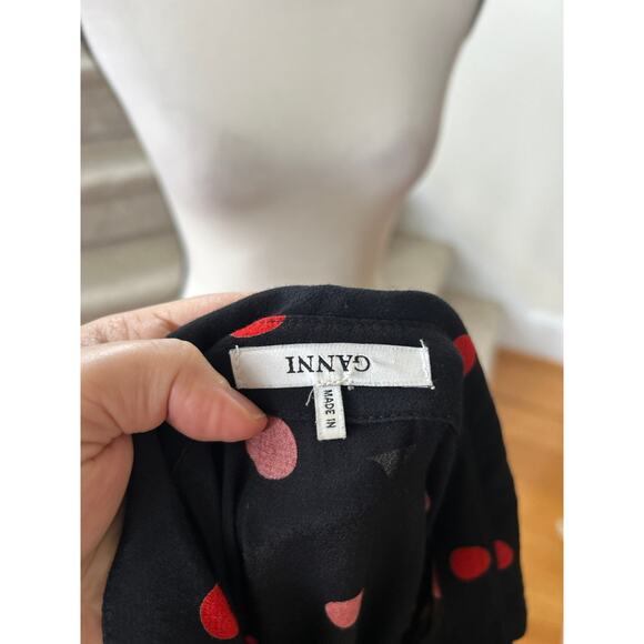 GANNI Black & Red Polka Dot Ruched Long Sleeve Mini Dress - Picture 6 of 8